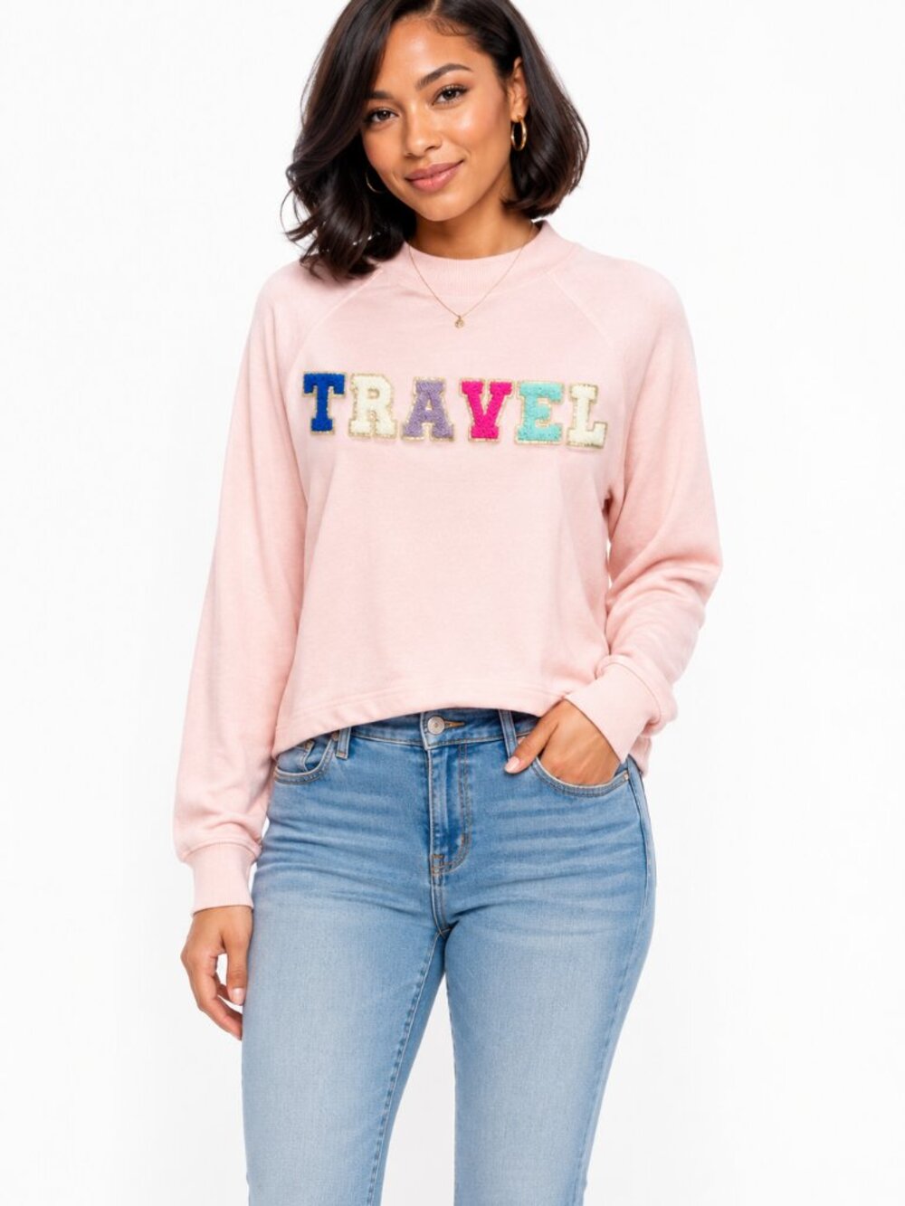 NWT Pink Long Sleeve Light Weight Patch Letters Travel Graphic Tee Shirt Size XS